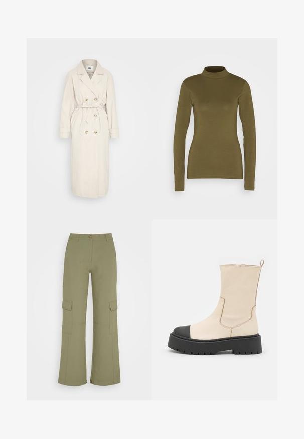 Beige trenchcoat fremstillet af et glat stof, med en dobbeltbrystet front, bælte i taljen og knapdetaljer. Lange ærmer med manchetter.; JDY Langærmet T-shirt - kalamata; Envii PANTS - Cargobukser - deep lichen green; Steve Madden GENNA - Plateaustøvletter - bone/black