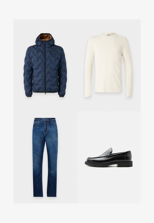 Veste matelassée bleu marine à motif chevron, fermeture éclair à l'avant et capuche amovible. Doublée en tissu marron, avec poignets et ourlet élastiques.; T-shirt à manches longues et col rond de couleur blanc cassé, fabriqué en coton doux avec une texture lisse et un design minimaliste. Aucun motif visible.; Jean en denim bleu à jambe droite avec cinq poches, passants de ceinture et fermeture à bouton, présentés sur un fond blanc uni.; Mocassin en cuir noir avec semelle en caoutchouc épaisse, dessus cousu et nom de marque embossé sur le talon, présenté de profil sur fond blanc.