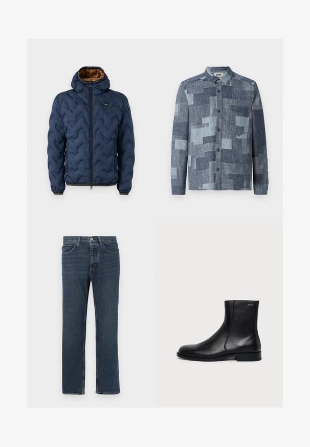 Veste matelassée bleu marine à motif chevron, fermeture éclair à l'avant et capuche amovible. Doublée en tissu marron, avec poignets et ourlet élastiques.; DRYKORN DIEGGO - Chemise - blue; Jean en denim bleu foncé avec une coupe droite, cinq poches, une fermeture à bouton et des coutures apparentes. Le matériau est texturé avec un design classique.; Bottine en cuir noir à talon bas, couture latérale et petit logo "HUGO" sur le revers supérieur sur un fond uni.