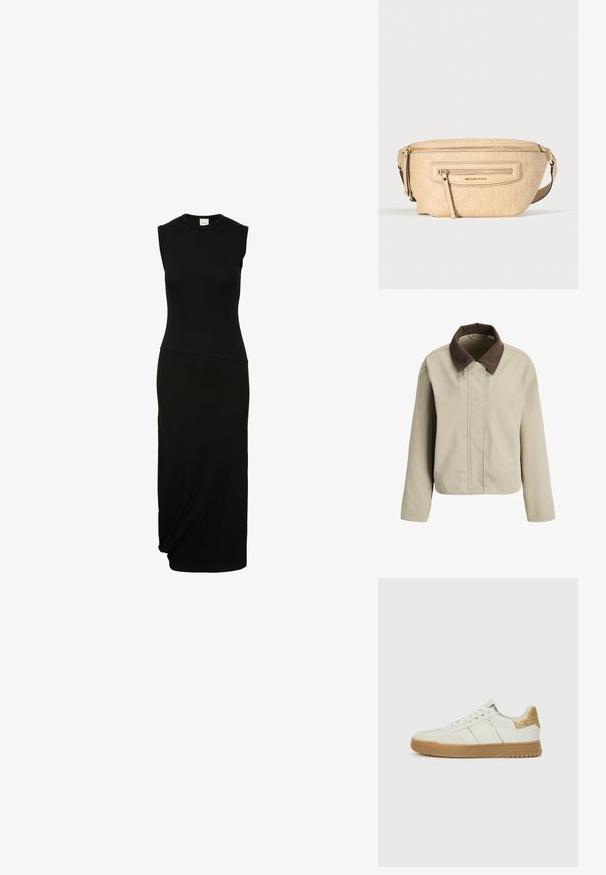 Beige jas met een ritssluiting en knoopsluiting aan de voorkant, voorzien van een contrasterende bruine corduroy kraag en lange mouwen.; Zwarte midi-jurk zonder mouwen met aansluitend geribd gebreid lijfje, ronde halslijn, asymmetrische taille-naad en rechte rok met subtiel geplooid detail.; Witte sneakers met een bovenwerk van getextureerd leer, twee lichtgouden strepen en een glinsterende gouden hielaccent. Gumzool met patroonprofiel.; Beige leren heuptas met een reliëf van het herhalende "MK" logo, met een voorvak met rits en verstelbare riem.
