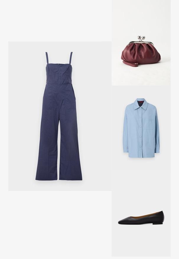 Lyseblå jakke lavet af bomuld, med en spids krave, frontknapper, påsyet lomme og lange ærmer. Enkel design med minimale accenter.; Mørkeblå jumpsuit med tynde stropper, tætsiddende bodice og brede bukser. Har en lynlås bagpå og en glat stofstruktur.; Sort læder flad sko med spids tå, lav hæl og glat finish, vist fra siden på en lysegrå baggrund.; Lille bordeauxlæder clutch-pung med sølv metal lukning og håndledsrem på hvid baggrund.