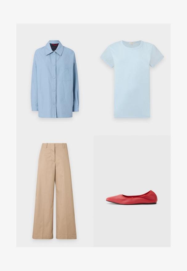 Lyseblå jakke lavet af bomuld, med en spids krave, frontknapper, påsyet lomme og lange ærmer. Enkel design med minimale accenter.; rag & bone T-shirts basic - raindrop; Beige bredde benbukser lavet af blødt bomuldsstof, med en skræddersyet talje og flad front, designet til en afslappet pasform og rene linjer.; Filippa K REY FLATS - Ballerinasko - bright red