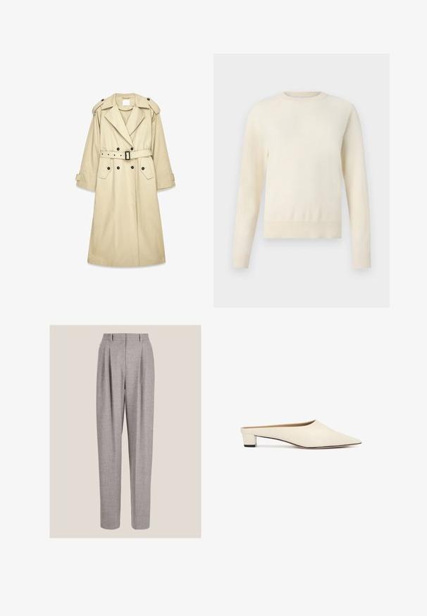 Beige trenchcoat gemaakt van lichtgewicht stof. Heeft een dubbele rij knopen aan de voorkant, een gespsluiting in de taille, schouderepauletten en twee zakken.; Licht crèmekleurige trui met lange mouwen, ronde halslijn en ribgebreide zoom. Gemaakt van een zacht materiaal en heeft een gladde textuur.; Grijze, op maat gemaakte hoge taille broeken met voorplooien en rechte pijpen, weergegeven tegen een neutrale achtergrond.; Roomkleurige mule met puntige neus, lage blokhak en een gladde afwerking, gepresenteerd op een effen witte achtergrond.