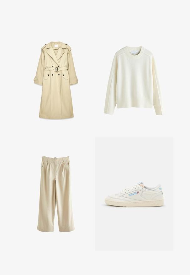 Abrigo trench beige hecho de tela ligera. Cuenta con cierre delantero cruzado, cinturón en la cintura, hombreras y dos bolsillos.; Next CREW NECK - Jersey de punto - ecru; Next SMART WIDE LEG - Pantalones - stone; Zapatillas Reebok en cuero blanco roto con acentos en azul claro. Presenta puntera perforada, cordones planos y suela de goma texturizada.