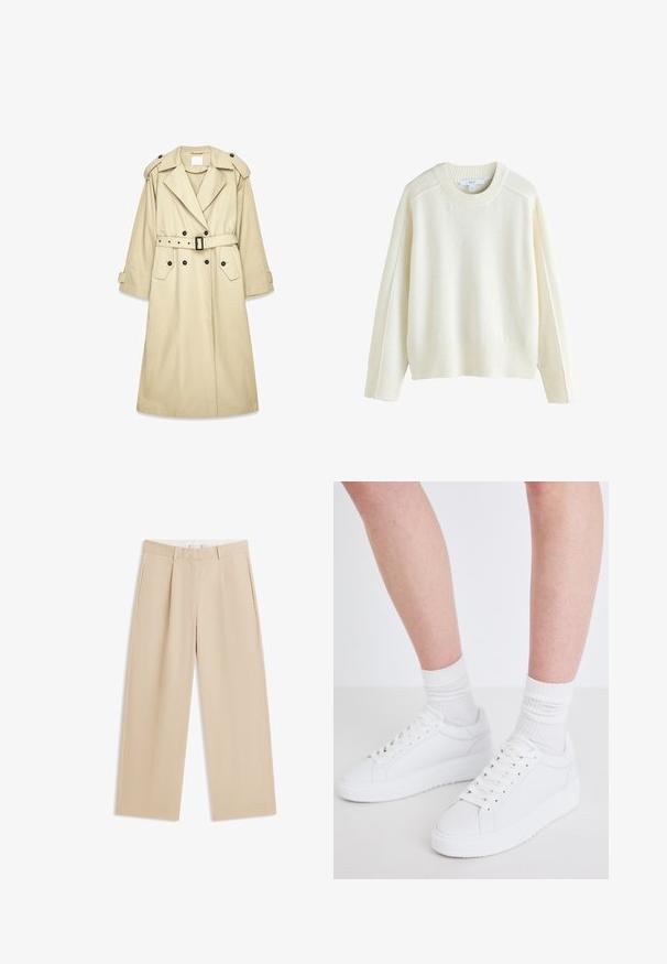 Beiger Trenchcoat aus leichtem Stoff. Verfügt über eine doppelte Knopfleiste, taillierten Gürtel, Schulterklappen und zwei Taschen.; Next CREW NECK - Strickpullover - ecru; Beige weit geschnittene Hose mit Gürtelschlaufen, Seitentaschen und einer Bügelfalte entlang der Vorderseite jedes Beins, flach liegend auf weißem Hintergrund dargestellt.; Copenhagen Studios CPH72 - Sneaker low - white