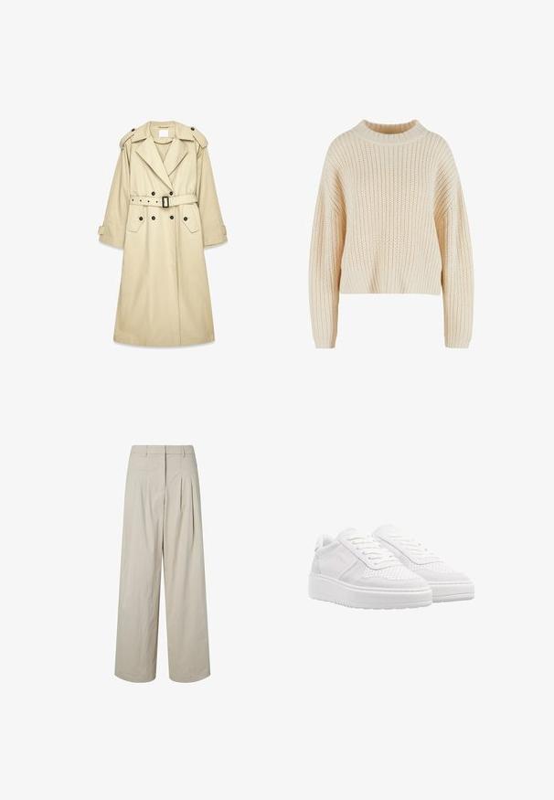 Beige trenchcoat gemaakt van lichtgewicht stof. Heeft een dubbele rij knopen aan de voorkant, een gespsluiting in de taille, schouderepauletten en twee zakken.; Crèmekleurige gebreide trui met een hoge geribde kraag, brede mouwen en een textuurpatroon over het gehele kledingstuk. Verkorte stijl met een geribde zoom.; Beige broek met hoge taille en wijde pijpen met plooien en riemlussen, rits aan de voorkant en een nette zoom tegen een witte achtergrond.; Witte sneakers met een bovenwerk van suede en geperforeerd leder, platte veters, een gevoerde kraag en een dikke, gestructureerde rubberen zool.