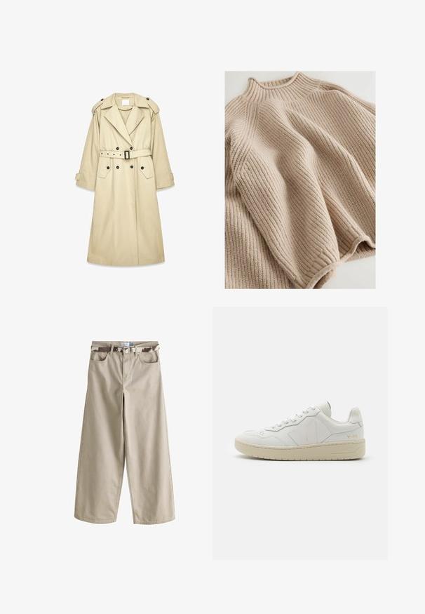 Beige trenchcoat gemaakt van lichtgewicht stof. Heeft een dubbele rij knopen aan de voorkant, een gespsluiting in de taille, schouderepauletten en twee zakken.; Gebreide trui in lichtbeige met een geribbelde textuur, met een hoge kraag en een brede, ontspannen silhouet. Accentueert met textuursteek.; Beige broek met wijde pijpen, voorzakken en riemlussen, gecombineerd met een camouflagemotief riem met metalen gesp.; Witte leren sneakers met geperforeerde teendoos, contrasterende beige rubberen zool en logo-accenten op de zijkant en hiel. Minimalistisch ontwerp.