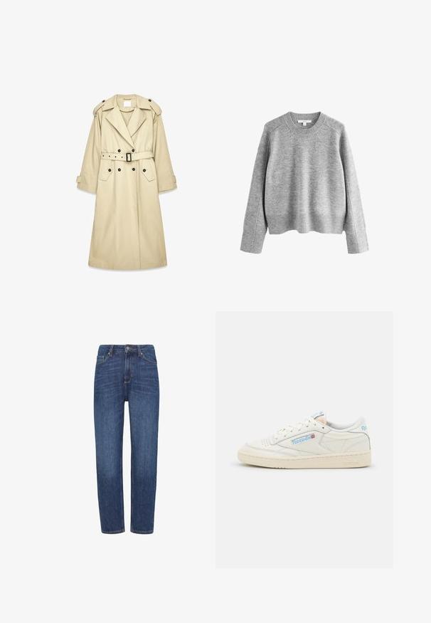 Beige trenchcoat gemaakt van lichtgewicht stof. Heeft een dubbele rij knopen aan de voorkant, een gespsluiting in de taille, schouderepauletten en twee zakken.; Grijze gebreide trui met een geribbelde halslijn en zoom, met afgezakte schouders en lange mouwen in een zachte, gestructureerde stof.; Donkerblauwe jeans van denim met een recht model, vijf zakken en contrasterende stiksels langs de naden en de rand van de zakken.; Reebok sneakers in off-white leer met lichtblauwe accenten. Beschikt over een geperforeerde neus, platte veters en een getextureerde rubberen zool.