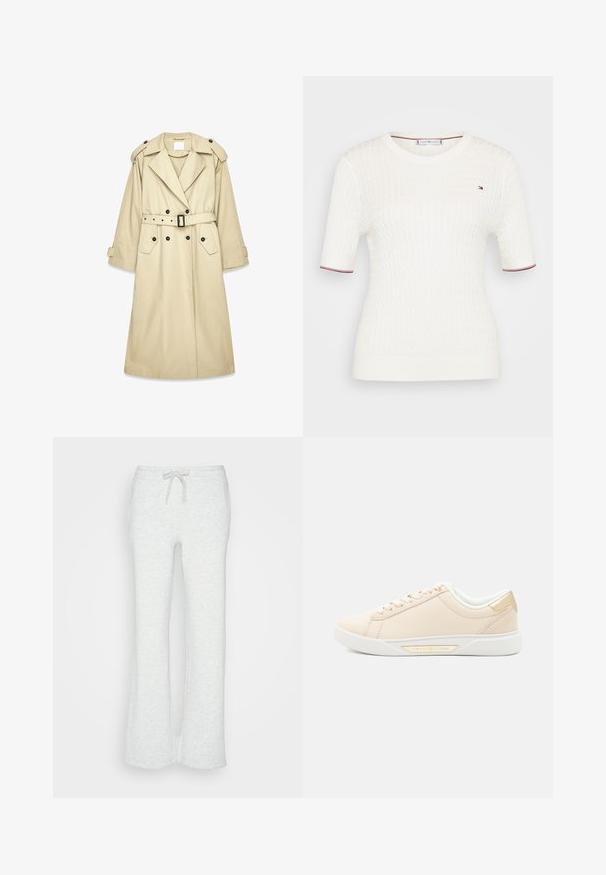 Beige trenchcoat lavet af letvægtsstof. Har dobbeltradet front, bælte i taljen, skulderstropper og to lommer.; Hvid kortærmet strikket top med et tekstureret mønster, der har en rund halsudskæring og røde samt blå accenter ved ærmeenden.; Lys grå flagrende svedbukser med snøre i taljen og blødt, tekstureret stof, der har et simpelt design uden mønstre eller accenter.; Beige sneakers med en glat læderoverdel, hvid gummi sål og guld aksent nær hælen. Har snørebånd og subtile syninger.