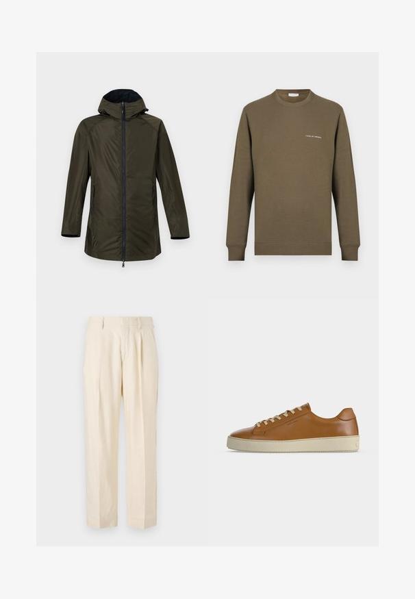 Imperméable long vert olive avec capuche, fermeture éclair frontale et poches latérales zippées sur un fond uni clair.; Sweat-shirt vert olive en coton avec une texture lisse, doté d'un col rond, de manches longues et d'un logo en texte blanc sur la poitrine.; NN.07 KAY - Pantalon classique - off white; Baskets basses en cuir marron avec lacets crème et semelle épaisse en caoutchouc crème, vues de profil sur fond blanc.