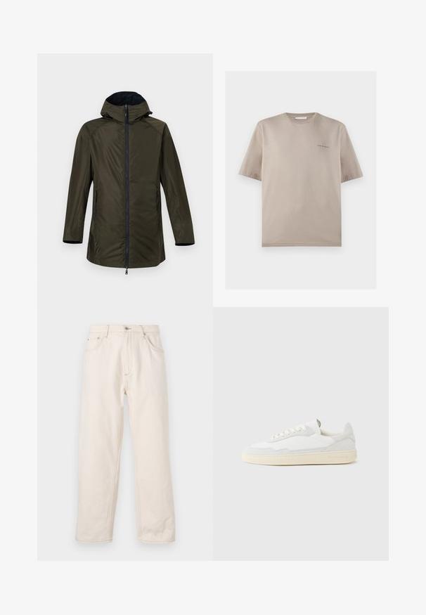 Imperméable long vert olive avec capuche, fermeture éclair frontale et poches latérales zippées sur un fond uni clair.; T-shirt beige à manches courtes et col rond avec petit logo « Tiger of Sweden » sur la poitrine gauche, présenté sur fond blanc.; Jean droit beige en denim, avec une fermeture à boutons, cinq poches et des détails de couture visibles. Texture lisse.; Baskets blanches avec dessus en daim et cuir texturé. Caractérisées par un bout arrondi, une fermeture à lacets et une semelle en caoutchouc beige contrastante.