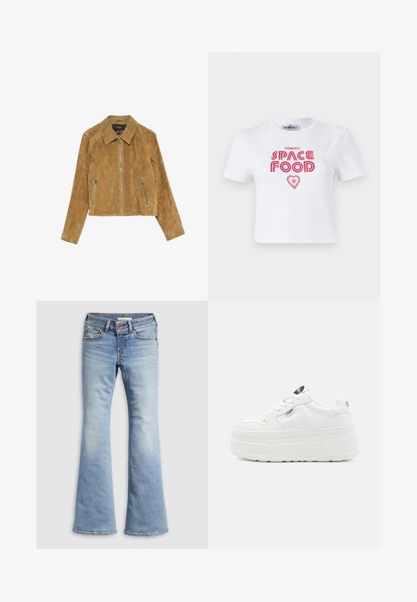 Veste en daim marron avec fermeture éclair à l'avant, col pointu et deux poches latérales zippées, posée à plat sur un fond blanc.; T-shirt en coton blanc avec un texte graphique rouge qui dit "NOURRITURE SPATIALE" avec un accent en forme de cœur, manches courtes et col rond.; Jean évasé bleu clair en denim. Il présente une fermeture par bouton, cinq poches et une texture délavée avec des ourlets sans couture.; Baskets plateforme blanches avec un extérieur synthétique lisse, un bout arrondi, un col rembourré et une semelle texturée. Présente une étiquette logo contrastante.
