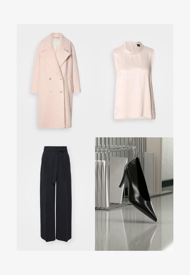 Lys pink uldfrakke med dobbeltbrystet front, store slag og sølvfarvede knapper. Har en afslappet pasform og sidelommer.; Ærmeløs lyserød bluse med høj krave, lavet af glat, skinnende stof. Har knaplukning bagpå og en buet kant.; Vide sorte bukser lavet af blød stof. Har en bælteholdbar talje og frontfolder. Glat tekstur med et rent, moderne design.; Sort højhælet sko med spids tå og guldlogo, placeret på en reflekterende overflade nær en krom trådfilholder med dokumenter.