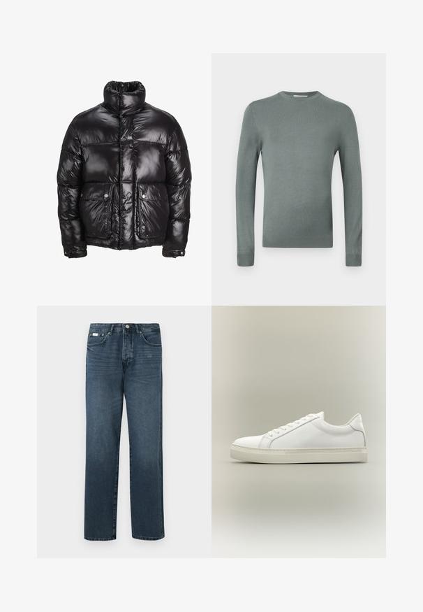 Doudoune noire en matériau brillant, avec un col montant, deux poches avant à fermetures pression, et un design matelassé.; Pull-over long vert clair en tricot doux. Doté d'un col rond et de manches ajustées avec des poignets côtelés. Design uni.; Jean en denim bleu foncé avec une coupe droite, cinq poches, passants de ceinture et fermeture à glissière. Texture lisse avec des détails de décoloration subtils.; Baskets blanches basses à lacets sur l’avant et semelle épaisse, vues de côté sur un fond neutre.