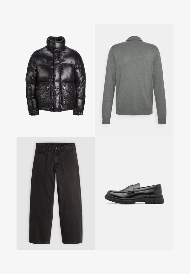 Doudoune noire en matériau brillant, avec un col montant, deux poches avant à fermetures pression, et un design matelassé.; Pull gris à manches longues avec une texture douce. Il présente un col polo et des poignets côtelés, offrant un design simple et classique.; Jean denim noir à coupe droite, cinq poches et passants pour ceinture, présenté à plat sur un fond clair uni.; Mocassin en cuir noir avec une large sangle sur le devant, semelle en caoutchouc à épaisse rainure, et texture lisse. Design classique et élégant.