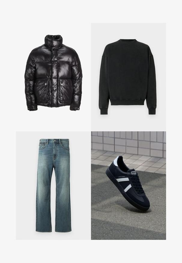 Doudoune noire en matériau brillant, avec un col montant, deux poches avant à fermetures pression, et un design matelassé.; Sweat-shirt noir à manches longues, col rond et poignets côtelés. Tissu doux et texturé avec une coupe décontractée et sans logos ni embellissements visibles.; Jeans en denim bleu clair avec une coupe droite, un léger délavage, cinq poches et des passants de ceinture. Comprend des accents de couture et une fermeture à bouton.; Sneaker en cuir noir avec des rayures blanches, semelle en caoutchouc texturée et devant à lacets. Présente une étiquette de marque sur la languette.