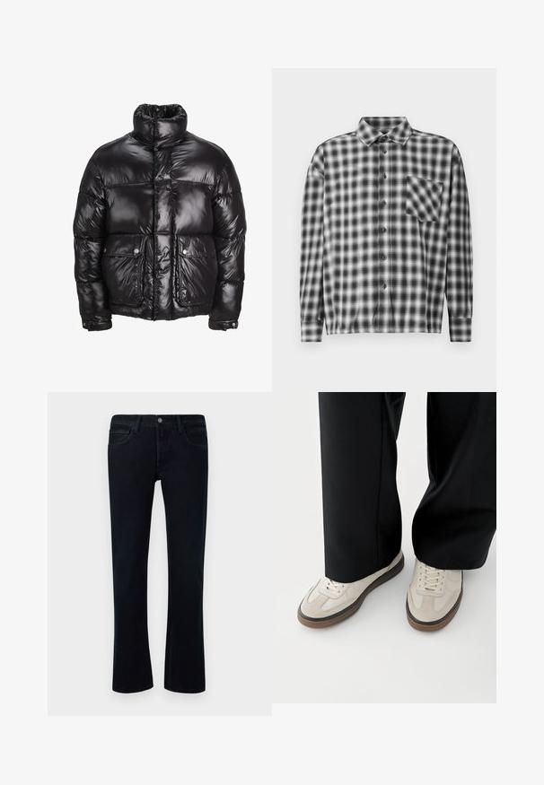 Doudoune noire en matériau brillant, avec un col montant, deux poches avant à fermetures pression, et un design matelassé.; Chemise à manches longues à carreaux noir et blanc en tissu doux, présentant un devant à boutons et une poche poitrine. Conception à col avec coupe décontractée.; Jean en denim noir avec une légère évasée, design à cinq poches, passants de ceinture et fermeture à bouton sur fond blanc.; Pieds portant des baskets beige avec des semelles marron et un pantalon noir à jambes larges sur fond blanc.