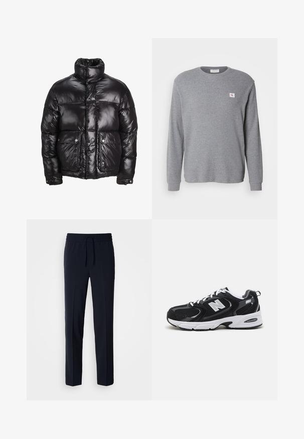 Doudoune noire en matériau brillant, avec un col montant, deux poches avant à fermetures pression, et un design matelassé.; Sweatshirt gris à manches longues en tissu texturé, doté d'un col rond et d'une petite patch logo CK en haut à gauche.; Pantalons légers bleu marine avec une taille élastique et un cordon de serrage réglable, présentant un design coupe droite et une texture lisse.; Baskets de sport noires et grises avec un tige en mesh et en suède, présentant une semelle intermédiaire blanche, des lacets et un logo "N" audacieux sur le côté.