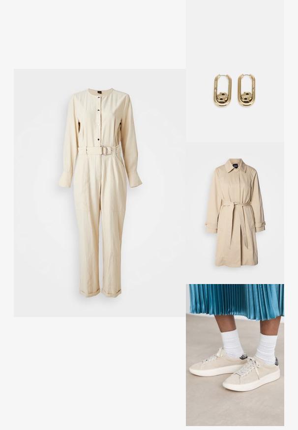 Beige trenchcoat med bælte i taljen, knaplukning ved ærmerne og krave. Fremstillet af glat, letvægtsstof.; Beige bomulds jumpsuit med lange ærmer, rund halsudskæring, frontlukning med knapper, bælte i taljen og lige ben.; Beige ruskindsneakers med en hvid gummisål og snørebåndsdesign. Accentueret med en struktureret sort hælflap. Båret med hvide ribbede sokker.; BOSS DOUBLE B SWING - Øreringe - gold-coloured