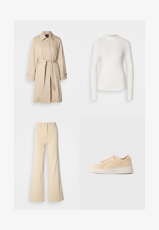 Béžový trench coat s opaskom v páse, gombíkovými manžetami a límcom. Vyrobený z hladkej, ľahkej tkaniny.; Biely top s dlhým rukávom a vysokým golierom, rebrovaná štruktúra a priliehavý strih. Vyznačuje sa bezšvovým vzhľadom a jemným tvarom V na prednej strane.; Béžové široké džínsy s vysokým pásom, prednými vreckami a kontrastným šitím, so zapínaním na gombík a hladkou bavlnenou textúrou.; Béžová semišová teniska s okrúhlou špičkou, tónovanými švami a hrubou bielou gumovou podrážkou. Vybavená plochými šnúrkami a minimalistickým dizajnom.