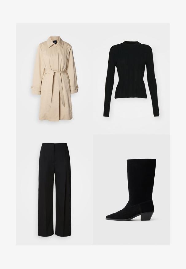 Beige Trenchcoat mit tailliertem Gürtel, geknöpften Bündchen und Kragen. Hergestellt aus glattem, leichtem Material.; Schwarzer gerippter Pullover mit langen Ärmeln, hohem Kragen und taillierter Silhouette. Das Material scheint dehnbar und hat vertikale Streifen. Kürzere Schnittführung am Saum.; Schwarze, hoch taillierte, weit geschnittene Hosen mit einer verdeckten Vorderseite, maßgeschneiderten Nähten und einem glatten, strukturierten Stoff.; Schwarze Wildleder Stiefelette mit spitzer Zehe, mittelhohem Schaft und einem chunky Absatz. Verfügt über minimale Nähte und eine glatte Textur.
