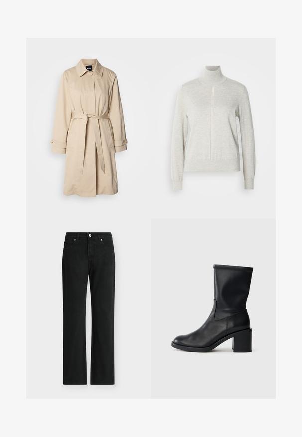 Beige trenchcoat med bælte i taljen, knaplukning ved ærmerne og krave. Fremstillet af glat, letvægtsstof.; Lys grå sweater med høj krave og kvart lynlås. Lavet af et blødt, struktureret materiale, der har lange ærmer og en tætsiddende kant.; Sorte jeans med lige ben, foran med knap og lynlås, design med fem lommer og bæltestropper.; Sort læder ankelstøvle med rund tå, glat tekstur og en grov hæl, der har et tætsiddende skaft og subtil syning.