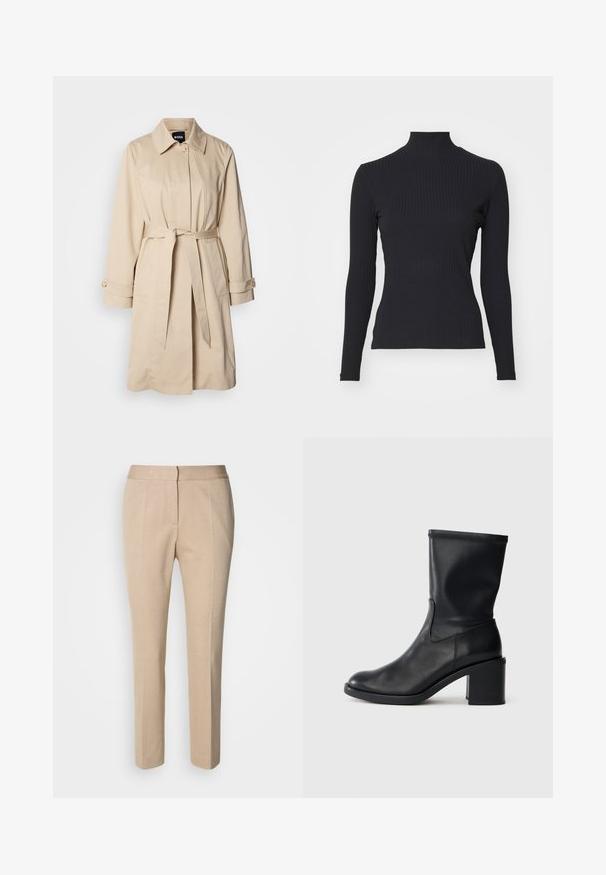 Beige Trenchcoat mit tailliertem Gürtel, geknöpften Bündchen und Kragen. Hergestellt aus glattem, leichtem Material.; Schwarzes, geripptes Rollkragenoberteil mit langen Ärmeln. Aus dehnbarem Stoff mit figurbetonter Passform und hohem Kragen. Einfaches Design ohne Verzierungen.; Beige maßgeschneiderte Hose aus strukturiertem Stoff, schlanker Schnitt, mittlere Taille und gerades Bein-Design. Knopf- und Reißverschluss vorne.; Schwarze Leder-Ankle Boots mit runder Zehenform, glatter Oberfläche und dicker Absatz, ausgestattet mit einem eng anliegenden Schaft und subtilen Nähten.