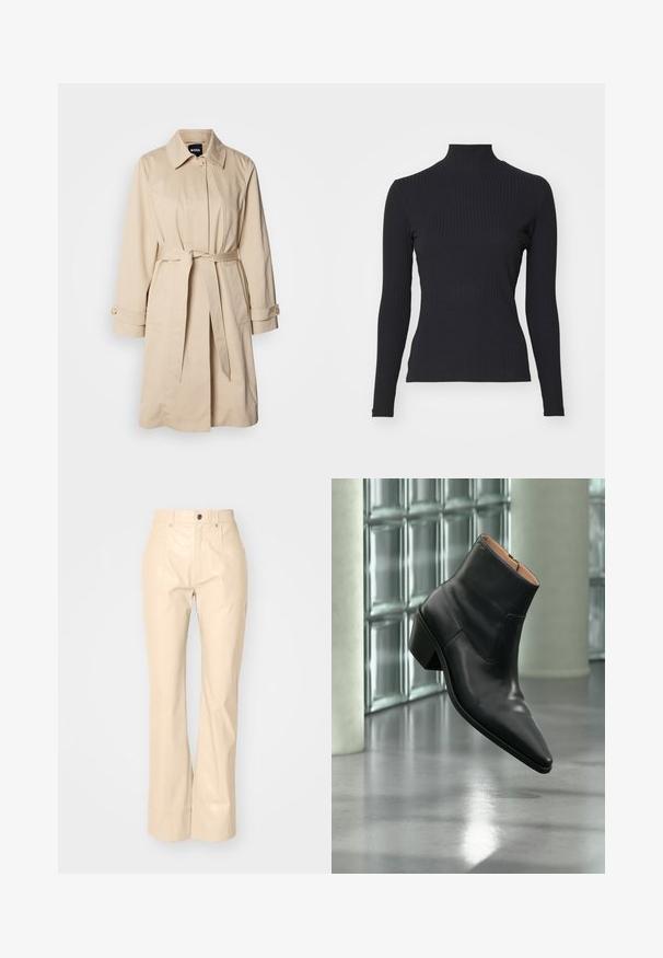 Beige trenchcoat med bælte i taljen, knaplukning ved ærmerne og krave. Fremstillet af glat, letvægtsstof.; Sort ribbet turtle-sweater med lange ærmer. Lavet af strækbart stof med en tætsiddende pasform og høj krave. Enkel design uden udsmykninger.; Beige faux læder fløjsbukser med en glat overflade, der har frontlommer, knaplukning og en subtil shiny finish.; Sort læderankelstøvle med spids tå og blokhæl, der svæver over en reflekterende grå gulv nær en væg af glasblokke.