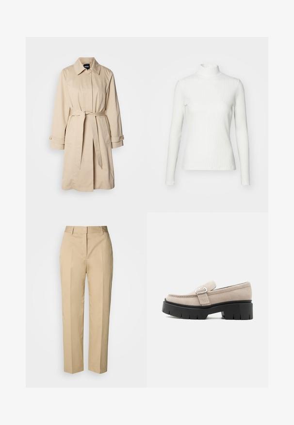 Beige trenchcoat med bælte i taljen, knaplukning ved ærmerne og krave. Fremstillet af glat, letvægtsstof.; Hvid ribbet turtleneck blouse med lange ærmer, lavet af elastisk stof. Har et tætsiddende design og høj hals for god dækning.; Beige bukser med lige ben, bæltestropper, forreste pres, og skjult lukning, vist mod en lys baggrund.; Beige ruskindslipper med sølvspænde og tyk sort kraftig sål, set fra siden på hvid baggrund.