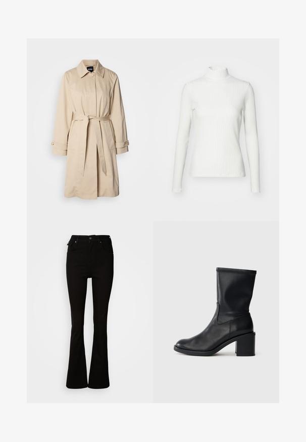 Beige trenchcoat med bælte i taljen, knaplukning ved ærmerne og krave. Fremstillet af glat, letvægtsstof.; Hvid ribbet turtleneck blouse med lange ærmer, lavet af elastisk stof. Har et tætsiddende design og høj hals for god dækning.; Sorte flare jeans lavet af denim, med høj talje, forlommer og et klassisk fem-lomme design med metalhardware detaljer.; Sort læder ankelstøvle med rund tå, glat tekstur og en grov hæl, der har et tætsiddende skaft og subtil syning.