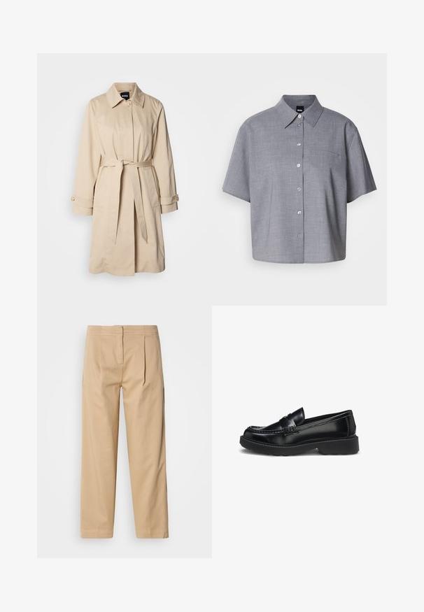 Manteau beige avec une taille ceinturée, des poignets boutonnés et un col. Fabriqué en tissu lisse et léger.; Chemise grise à manches courtes en tissu léger, dotée d'un col, d'une fermeture à boutons sur le devant, d'une poche poitrine unique et d'une coupe décontractée.; Pantalons en coton beige à coupe décontractée, avec deux plis à l'avant, une jambe droite et une fermeture à bouton classique à la taille.; Mocassin en cuir noir à enfiler, avec bout surpiqué surélevé, petit talon et semelle épaisse en caoutchouc, montré de côté sur fond blanc.