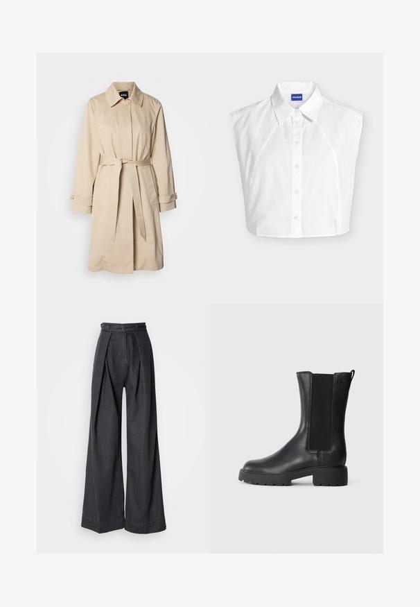 Beige trenchcoat med bælte i taljen, knaplukning ved ærmerne og krave. Fremstillet af glat, letvægtsstof.; Hvid ærmeløs skjorte med knapper og krave foran, med Hugo mærke indeni kraven og subtilt broderet logo nær kanten.; Bredde ben sorte denimbukser med høj talje, der har frontfolder og en klassisk lynlås lukning. Sprød, glat tekstur med en ren finish.; Sorte læder ankelstøvler med elastiske sidepaneler, rund tå og chunky gummisål. Har et diskret logo præget på siden.