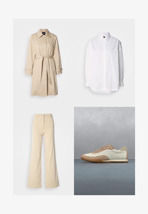 Beige trenchcoat med bælte i taljen, knaplukning ved ærmerne og krave. Fremstillet af glat, letvægtsstof.; Hvid langærmet skjorte lavet af bomuld, med en knap-ned krave, frontknapper og en afslappet pasform med subtile syninger.; Beige vidde jeans med høj talje, forlommer og kontrasterende syninger, udstyret med en knaplukning og en glat bomuldsstruktur.; Sneaker i creme og beige med tekstureret overdel, snørebånd og gummisål, vist oven på en træoverflade med småsten.