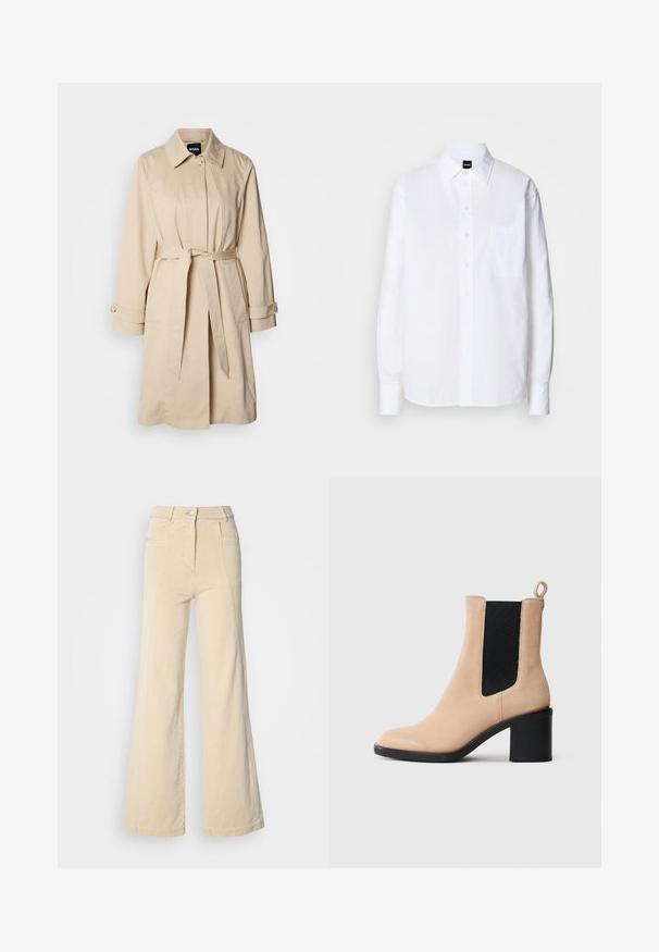 Beige trenchcoat med bælte i taljen, knaplukning ved ærmerne og krave. Fremstillet af glat, letvægtsstof.; Hvid skjorte med knapper lavet af bomuld, med klassisk krave, lange ærmer, en brystlomme og en glat, sprød tekstur.; Beige vidde jeans med høj talje, forlommer og kontrasterende syninger, udstyret med en knaplukning og en glat bomuldsstruktur.; Beige ruskinds ankelstøvle med blokhæl, der har en sort elastisk indsats og en løfteløkke bagpå. Glat tekstur og rund tådesign.