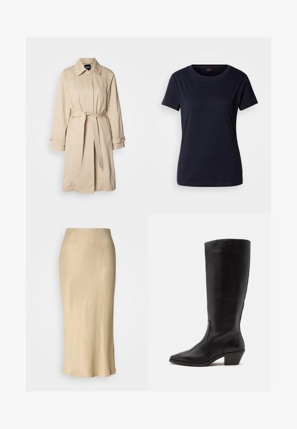 Beige trenchcoat med bælte i taljen, knaplukning ved ærmerne og krave. Fremstillet af glat, letvægtsstof.; Mørkeblå kortærmet T-shirt lavet af bomuld, med rund hals og et lille broderet logo på brystet. Glat tekstur.; Beige satin midi nederdel med en glat, skinnende tekstur. Tæt talje med en udvidet nederste kant, der har et minimalistisk design uden synlige mønstre.; Sort læderstøvle til midtkalv med spids tå og lavt skråt hæl på en enkel lys baggrund.