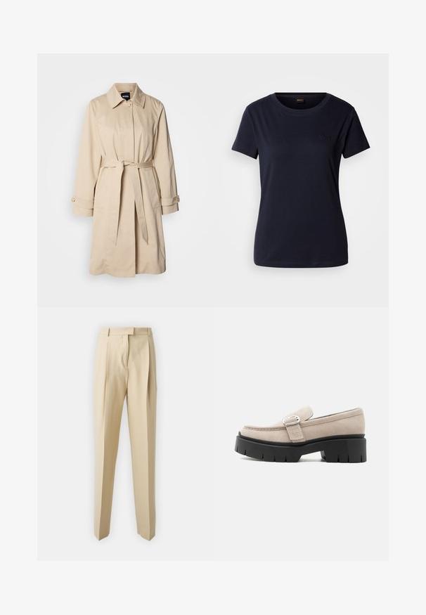 Beige trenchcoat med bælte i taljen, knaplukning ved ærmerne og krave. Fremstillet af glat, letvægtsstof.; Mørkeblå kortærmet T-shirt lavet af bomuld, med rund hals og et lille broderet logo på brystet. Glat tekstur.; Beige skrædderbukser med lige snit, der har læg, en taljeværdig og en glat tekstur. Ingen synlige lommer eller udsmykninger.; Beige ruskindslipper med sølvspænde og tyk sort kraftig sål, set fra siden på hvid baggrund.