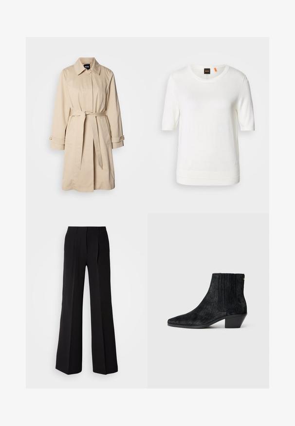 Beige trenchcoat met een ceintuur in de taille, knoopmanchetten en een kraag. Gemaakt van gladde, lichte stof.; Witte korte mouw gebreide top met een ronde halslijn, ribbelzoom en zachte textuur. Logotag met oranje accent bij de kraag.; Zwarte broeken van soepele stof, met een hoge taille, wijde pijpen en twee plooien aan de voorkant voor extra ontwerpelementen.; Zwarte enkelboot met een spitse neus, textuur die lijkt op haar, ribbelpaneel aan de zijkant en een lage blokhak. Eenvoudig en modern ontwerp.
