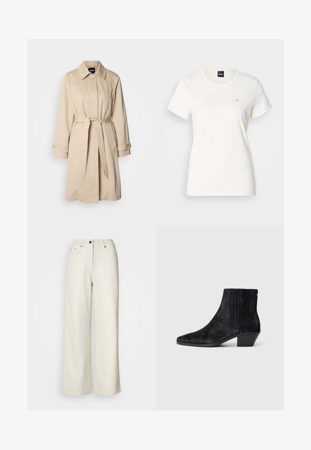 Beige trenchcoat med bælte i taljen, knaplukning ved ærmerne og krave. Fremstillet af glat, letvægtsstof.; Hvid bomulds-T-shirt med rund halsudskæring og korte ærmer. Har en lille broderet logo på brystet. Glat tekstur.; Cremefarvede bukser med brede ben lavet af glat stof. Har en mellemhøj talje, lynlås i gulvet og to frontlommer med sorte hardware accenter.; Sort ankelstøvle med spidse tæer, tekstureret håragtigt materiale, ribbet sidepanel og en lav, firkantet hæl. Simpelt og moderne design.