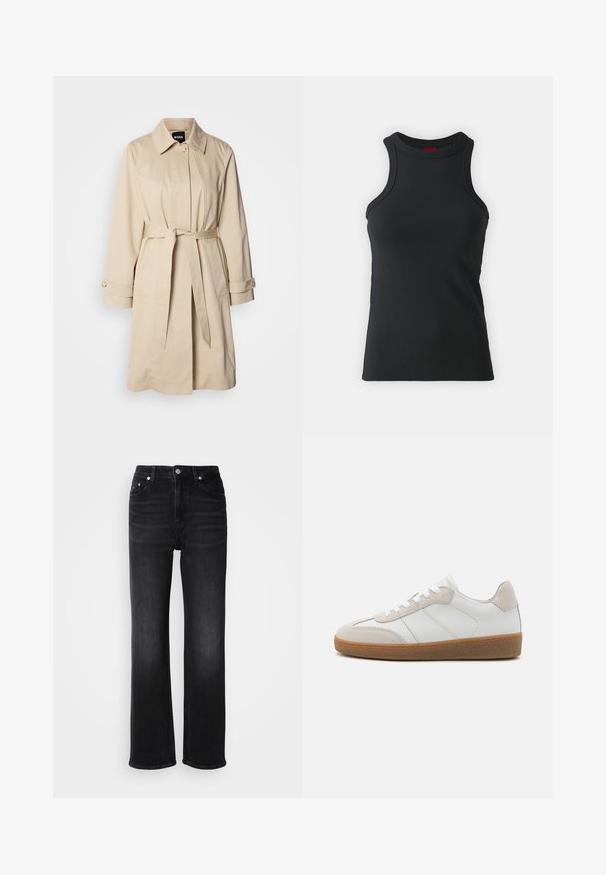 Manteau beige avec une taille ceinturée, des poignets boutonnés et un col. Fabriqué en tissu lisse et léger.; Débardeur sans manches noir en tissu extensible. Présente un col rond et une silhouette ajustée avec des détails de couture minimaux.; Jean en denim noir avec un design à jambe droite. Dispose d'une taille haute, de cinq poches et d'une fermeture à bouton en métal. Texture légèrement délavée.; Baskets en cuir blanc avec des accents en suède beige, languette texturée et semelle en caoutchouc. Elles sont dotées de lacets blancs et de détails couture subtils.