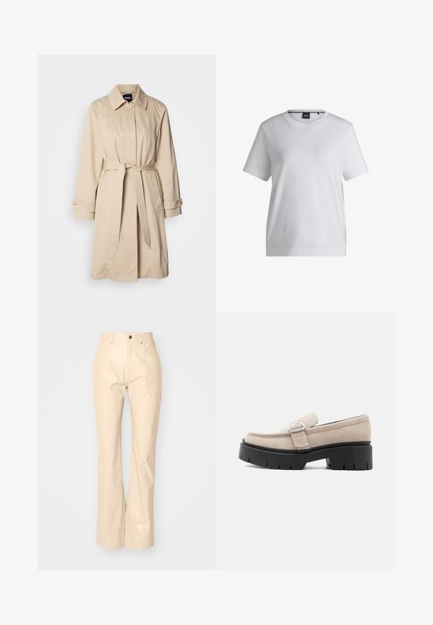 Béžový trench coat s opaskom v páse, gombíkovými manžetami a límcom. Vyrobený z hladkej, ľahkej tkaniny.; Biela bavlnená tričko s okrúhlym výstrihom, krátkymi rukávmi a voľným strihom. Obsahuje malú značkovú nálepku blízko goliera.; Béžové štruktúrované nohavice s rozšírenými nohavicami z umelého kože s hladkou textúrou, prednými vreckami, zapínaním na gombík a jemným lesklým povrchom.; Béžový semišový mokasín so striebornou sponou a hrubou čiernou robustnou podrážkou, bočný pohľad na bielom pozadí.