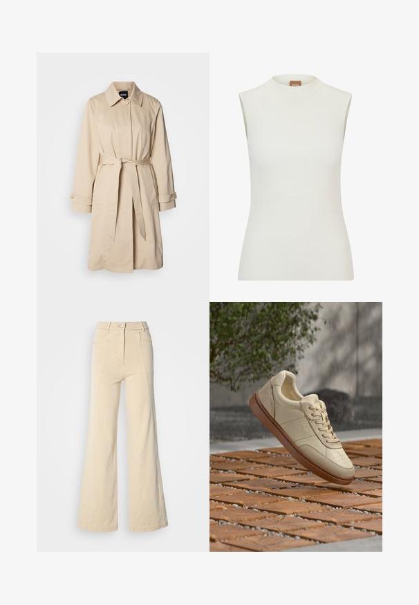Beige trenssitakki, jossa on vyöllinen vyötärö, nappikiinnityksellä varustetut hihansuut ja kauluksellinen kaulus. Valmistettu sileästä, kevyestä kankaasta.; Valkoinen, ilman hihoja oleva toppi, jossa on korkea kaula-aukko, ribbikuviointi ja tiukka malli. Brändilogo "BOSS" näkyvissä kauluksessa.; Beige levelehäntäiset farkut korkealla vyötäröllä, etutaskuilla ja kontrastivärisillä ompeleilla, joissa on napitus ja sileä puuvillakangas.; Beigen nahkainen lenkkari, jossa on ruskea pohja, leijuu laatoitetun ulkopinnan yläpuolella, jossa on hajallaan pieniä kiviä ja taustalla vihreää kasvillisuutta.