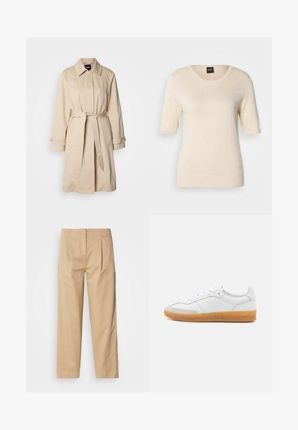 Beige Trenchcoat mit tailliertem Gürtel, geknöpften Bündchen und Kragen. Hergestellt aus glattem, leichtem Material.; Cremefarbener Pullover mit kurzen Ärmeln aus leichtem Strickstoff, mit Rundhalsausschnitt und geripptem Saum. Dezentes Logodetail am unteren Rand.; Beige Baumwollhosen mit relaxed Fit, zwei vorderen Falten, geradem Bein und klassischem Knopfverschluss am Bund.; Weiße Ledersneaker mit beigen Wildlederakzenten, Gummi-Rahmen und Schnürdesign. Verfügt über dezente Markenkennzeichnung in Gold.