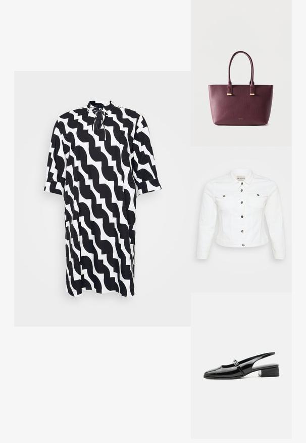 Hvid denimjakke med lange ærmer, knaplukning foran, to brystlommer og sølvfarvede knapper. Glat tekstur og cropped design.; Sort-hvid kjole med bølget mønster, høj neckline med bindebånd og korte ærmer. Lavet af letvægtsstof.; Sort laklæderslingback-sko med lav blokhæl og tynd rem med sølvspænde over toppen.; Mørkelilla lædertaske med to håndtag og lille guldbrandlogo foran, sat mod en simpel lys baggrund.