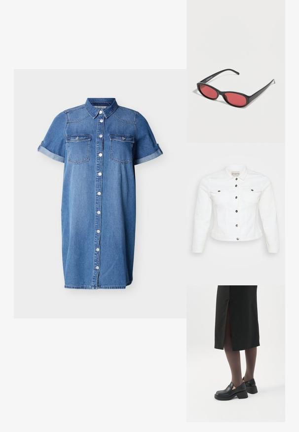 Hvid denimjakke med lange ærmer, knaplukning foran, to brystlommer og sølvfarvede knapper. Glat tekstur og cropped design.; Kortærmet blå denim kjole med knaplukning foran, to brystlommer med klap og opsmøgede manchetter på ærmerne.; Kvinde iført sorte loafers med chunky hæl, sorte tynde strømpebukser og en sort nederdel med slids bagpå på hvid baggrund.; Sorte ovale solbriller med tynde arme og rødtonede linser, der ligger på en hvid overflade.