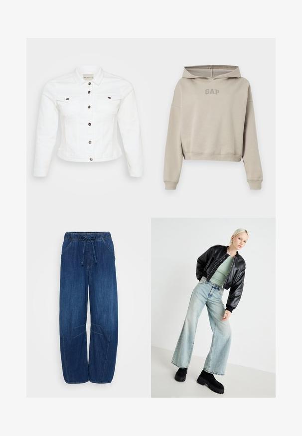 Weiße Jeansjacke mit langen Ärmeln, Knopfverschluss, zwei Brusttaschen und silberfarbenen Knöpfen. Glatte Textur und verkürzte Passform.; Beige kurzer Hoodie mit langen Ärmeln und einem "GAP"-Logo auf der Vorderseite, präsentiert vor weißem Hintergrund.; Dunkelblaue Jeans mit elastischem Bund und Kordelzug. Verfügt über zwei Seitentaschen und Steppnähte, eng zulaufende Beinöffnungen.; Schwarze Leder-Bomberjacke, hellgrünes enges Oberteil, hellblaue weit geschnittene Jeans und klobige schwarze Plateau-Stiefel. Glatte Texturen und kontrastierende Farben.