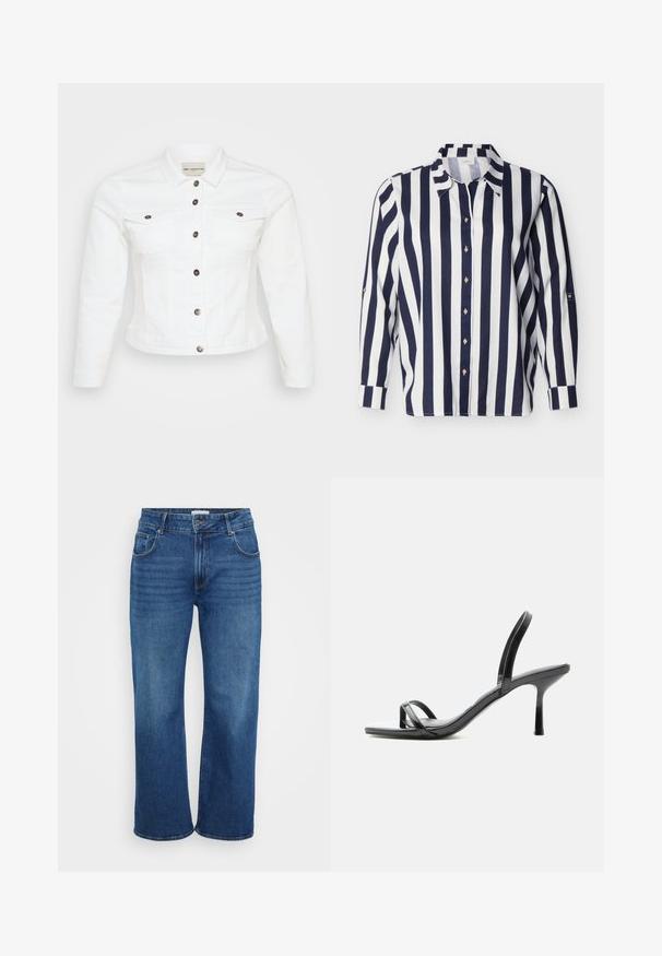 Hvid denimjakke med lange ærmer, knaplukning foran, to brystlommer og sølvfarvede knapper. Glat tekstur og cropped design.; Langærmet skjorte med knapper foran, med lodrette striber i marineblåt og hvidt samt en spids krave, vist mod en ensfarvet baggrund.; Bredde ben jeans i mørkeblå denim. Har fem lommer, bælteskydere og svag falmning langs benene. Glat tekstur med en standart pasform.; Sort sandal med høje hæle med tynde remme over tæerne og omkring anklen, skinnende finish og en tynd stiletthæl.