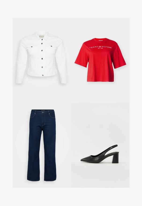 Chaqueta de mezclilla blanca con mangas largas, cierre de botones, dos bolsillos en el pecho y botones en tono plateado. Textura suave y diseño corto.; Camiseta roja de manga corta Tommy Hilfiger con texto de logo blanco y emblema en el pecho y un pequeño logo de bandera en la manga izquierda.; Vaqueros de mezclilla azul oscuro con un diseño de corte recto, que cuentan con una cremallera, cinco bolsillos y detalles de costura visibles.; Tacones de slingback de cuero negro con punta afilada y tacón cuadrado. Presentan un diseño recortado y una textura suave, minimalista y moderna.