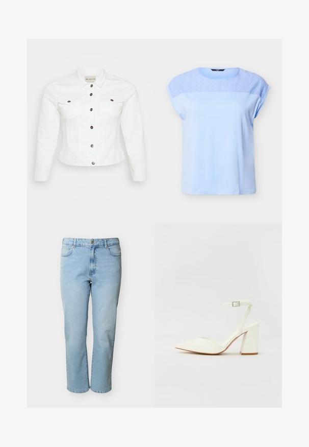 Hvid denimjakke med lange ærmer, knaplukning foran, to brystlommer og sølvfarvede knapper. Glat tekstur og cropped design.; Lyseblå kortærmet top med blonder i blomsterdesign på øvre bryst og skuldre, rund halsudskæring og løs pasform.; Lyseblå denimjeans med lige ben, fem lommer, knaplukning og bæltestropper, vist mod en hvid baggrund.; Hvide hælede sandaler med spids tå, justerbar ankelrem og en kraftig firkantet hæl. Glat tekstur med minimale syninger.