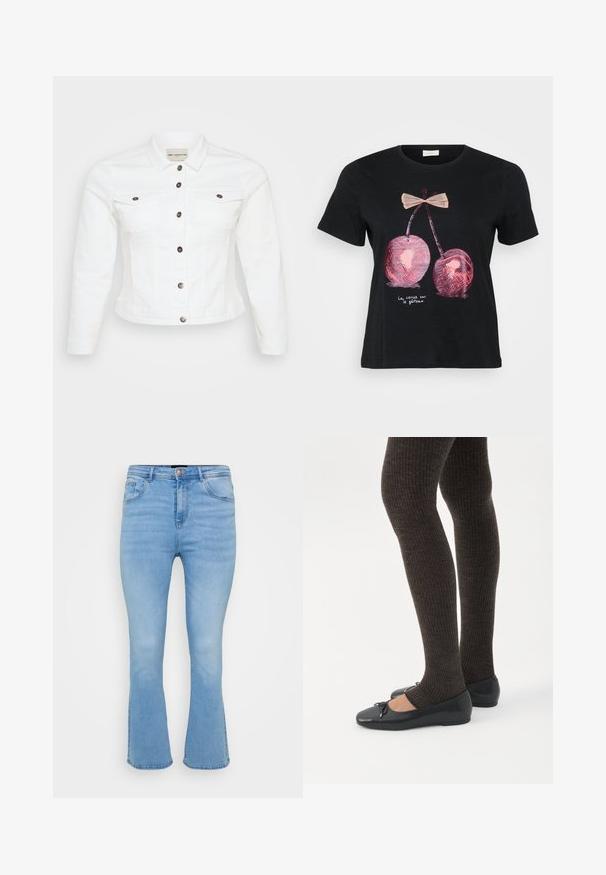 Witte denimjack met lange mouwen, knoopsluiting, twee borstzakken en zilverkleurige knopen. Glad textuur en cropped ontwerp.; Zwarte t-shirt met korte mouwen, versierd met een afbeelding van twee roze kersen met een strik, en de tekst "La cerise sur le gâteau" in het wit.; Lichtblauwe uitlopende jeans van katoen denim. Beschikt over een hoge taille, vijf zakken en zichtbare stiksels langs de naden en de zoom.; Benen met donkere geribbelde leggings gecombineerd met zwarte ballerina's met kleine strikdetails op een witte achtergrond.
