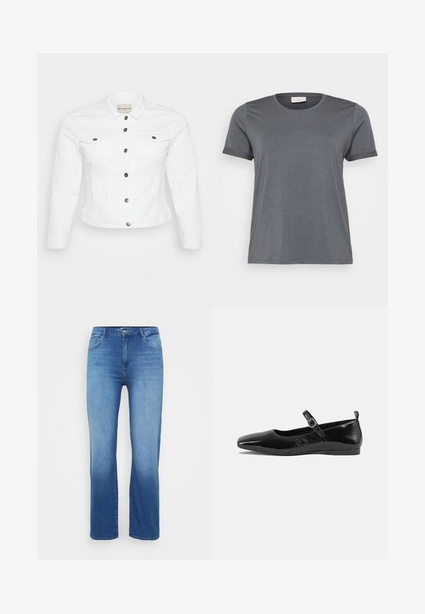 Witte denimjack met lange mouwen, knoopsluiting, twee borstzakken en zilverkleurige knopen. Glad textuur en cropped ontwerp.; Grijze t-shirt met korte mouwen, gemaakt van zachte stof, met een klassieke ronde halslijn en omgeslagen mouwen. Een gladde textuur zonder zichtbare patronen.; Lichtblauwe denim jeans met een rechte snit, vijf zakken en een vervaagd effect aan de onderkant. Knopen sluiting bij de taille.; Zwarte patenten leren ballerina met een spitse neus, een enkelbandje met een gesp en een gladde, glanzende textuur. Lage hak voor comfort.